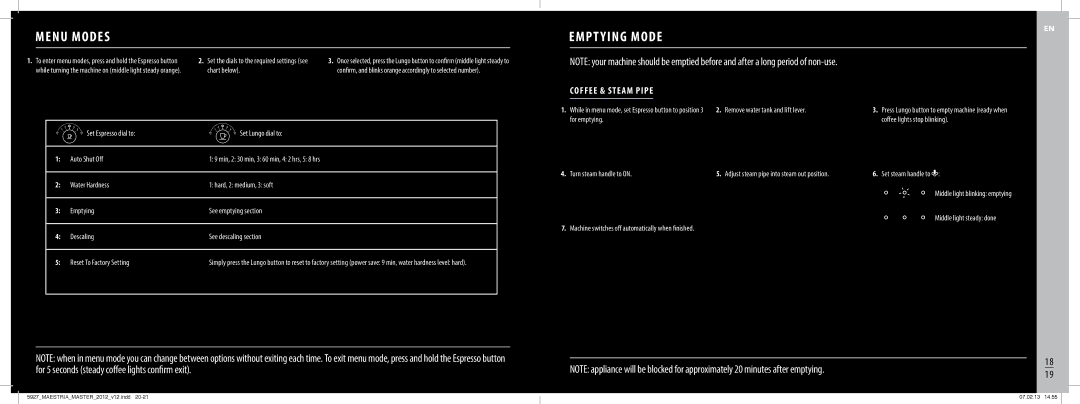 Nespresso BEC800 manual Menu Modes, Empt Ying Mode, Coffee & Steam Pipe, Turn steam handle to on 