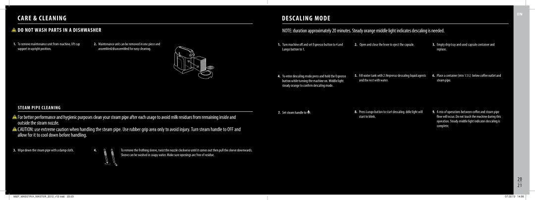 Nespresso BEC800 manual Care & Cleaning, Desc Aling Mode, Support in upright position, Lungo button to Replace 