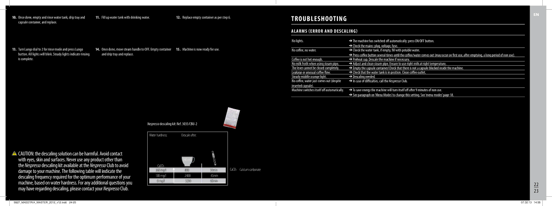 Nespresso BEC800 manual AL Arms Error and Descaling, Drip tray and replace Is complete 