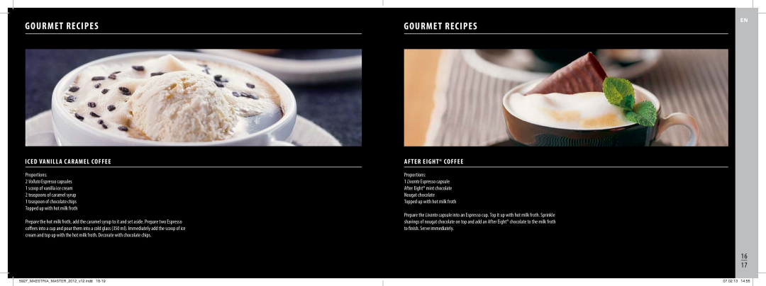 Nespresso BEC800 manual Gourmet Recipes, Iced Vanilla Caramel Coffee, After Eight Coffee 