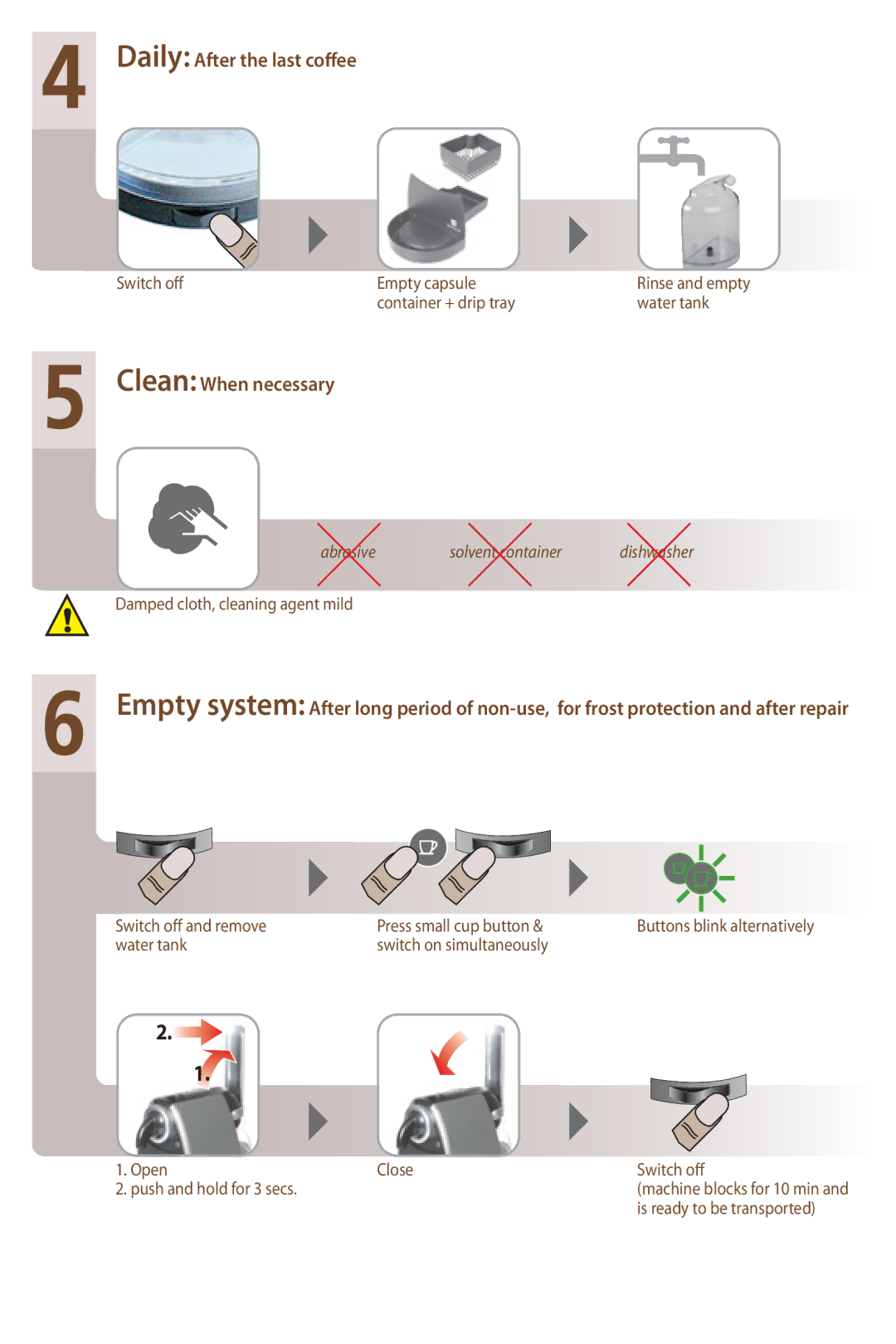 Nespresso C100 instruction manual Daily After the last coffee, Clean When necessary 