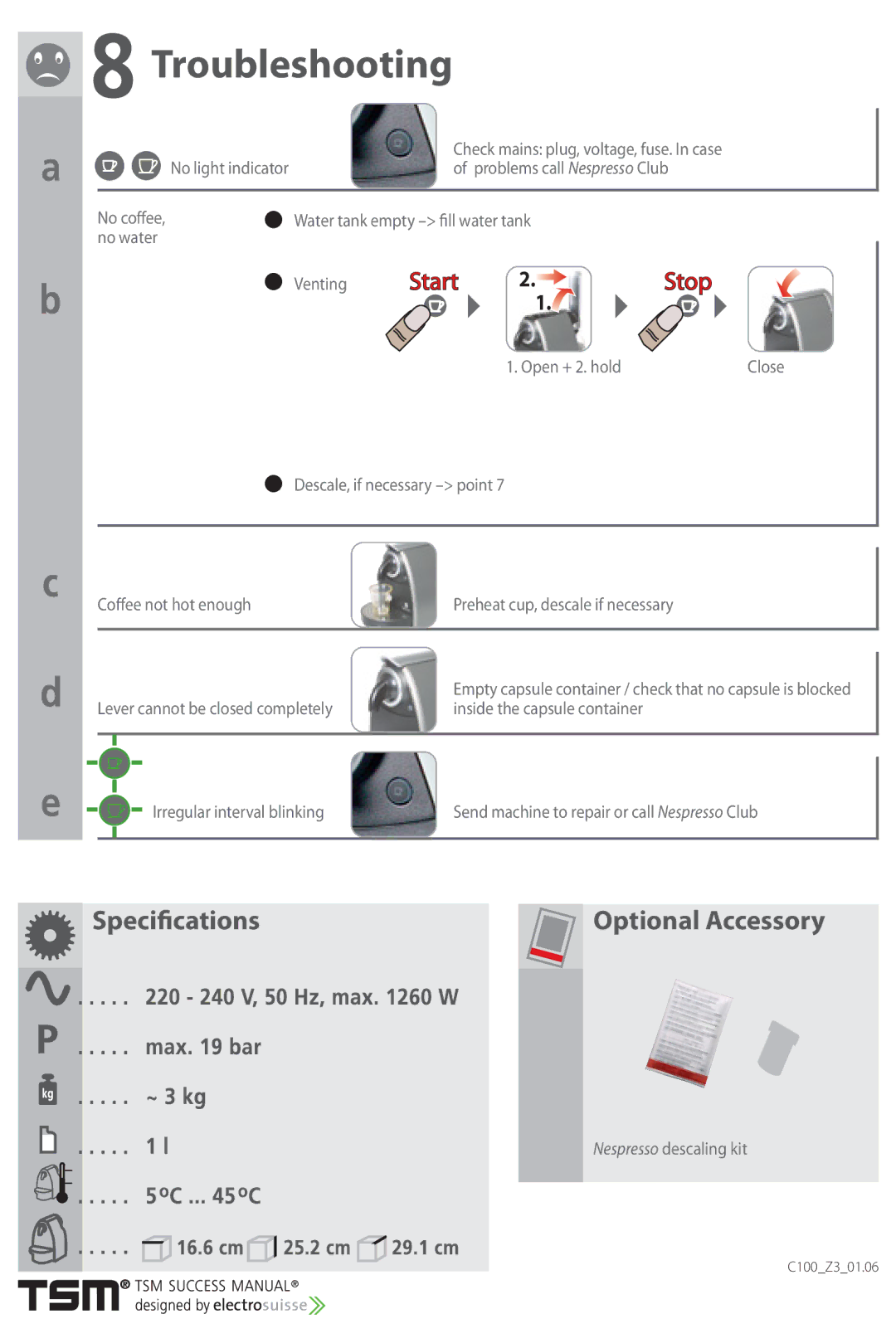 Nespresso C100 instruction manual Troubleshooting, Start Stop 