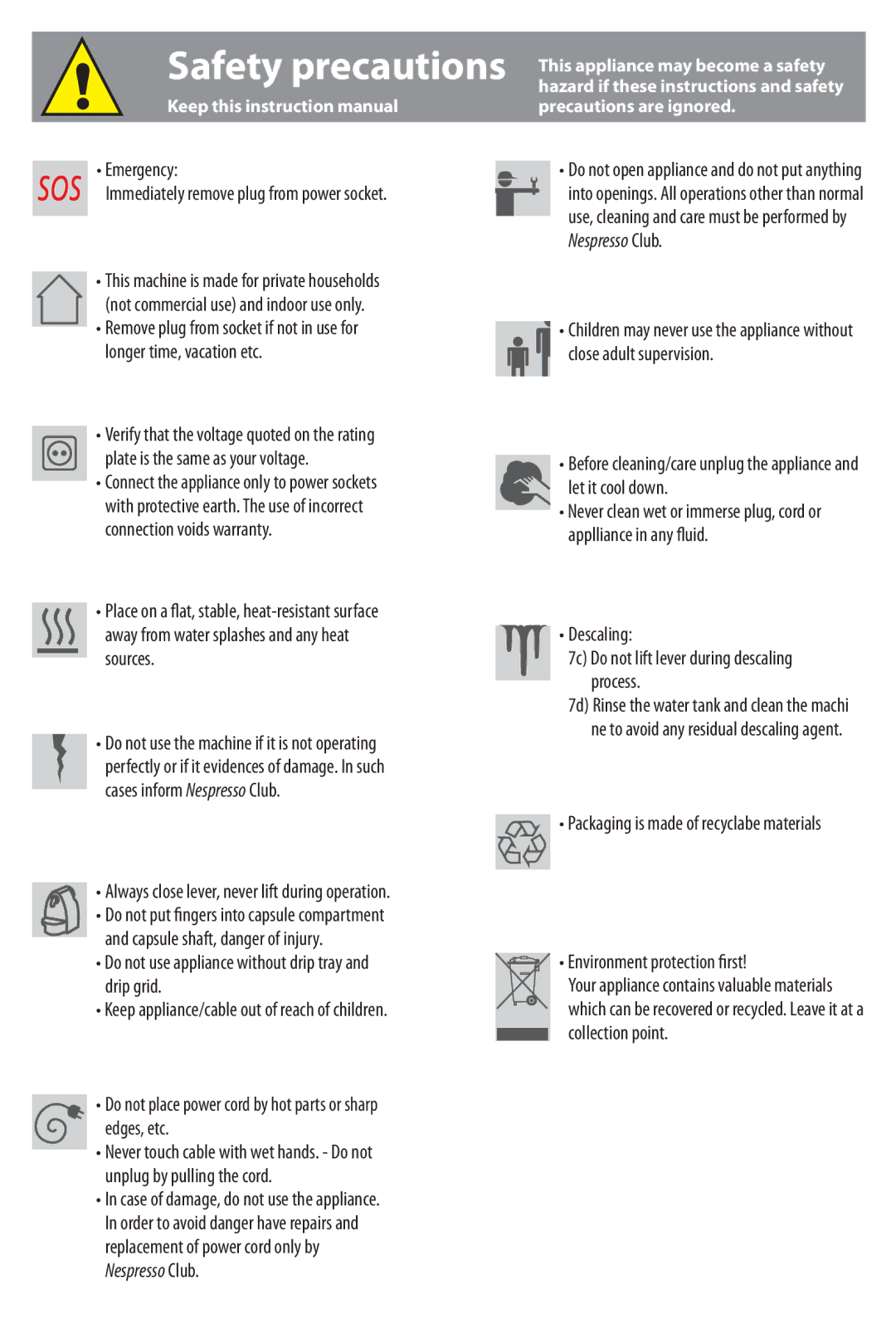 Nespresso C100 instruction manual Safety precautions 