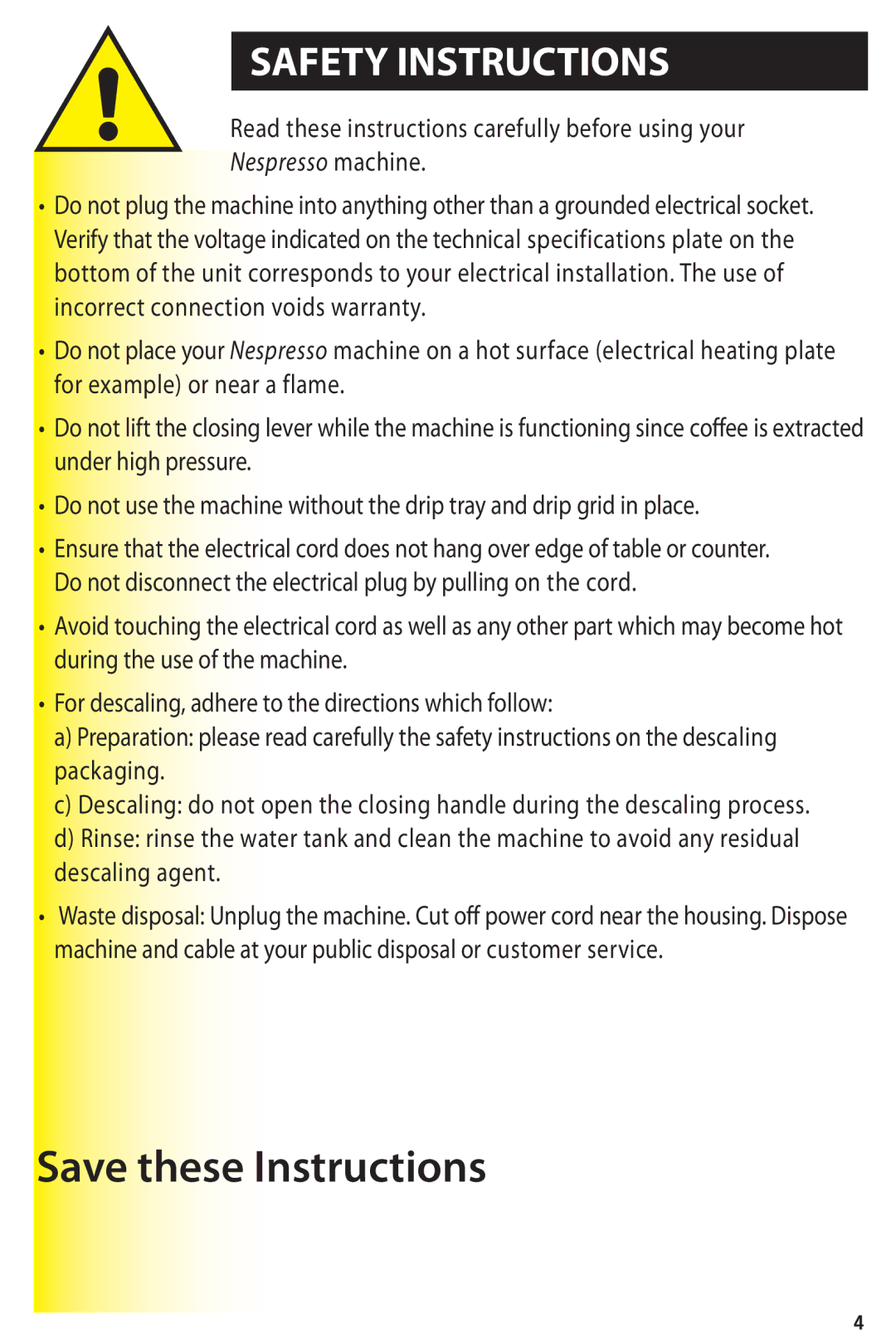 Nespresso C100 instruction manual Safety Instructions, Nespresso machine 