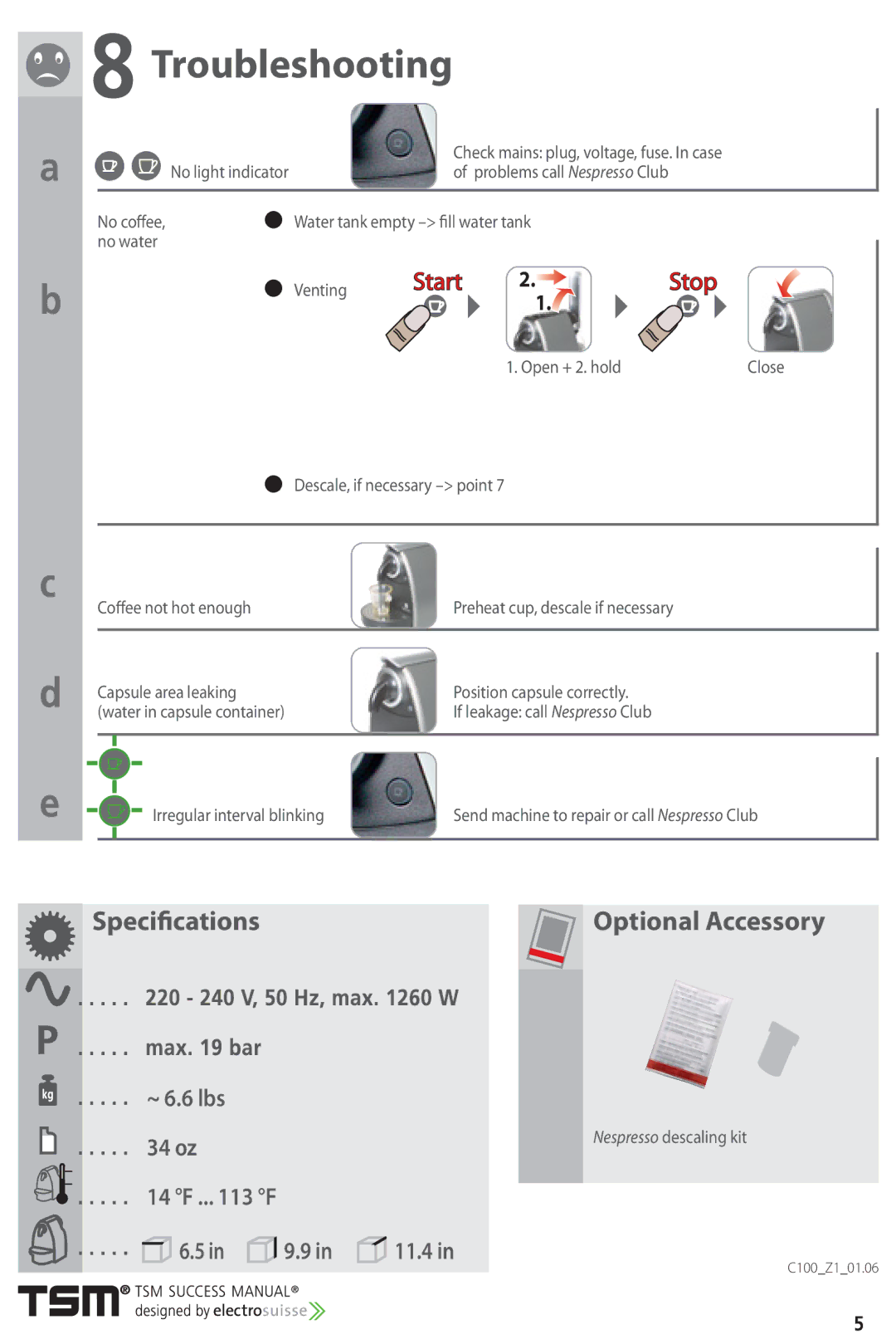 Nespresso C100 instruction manual Troubleshooting 