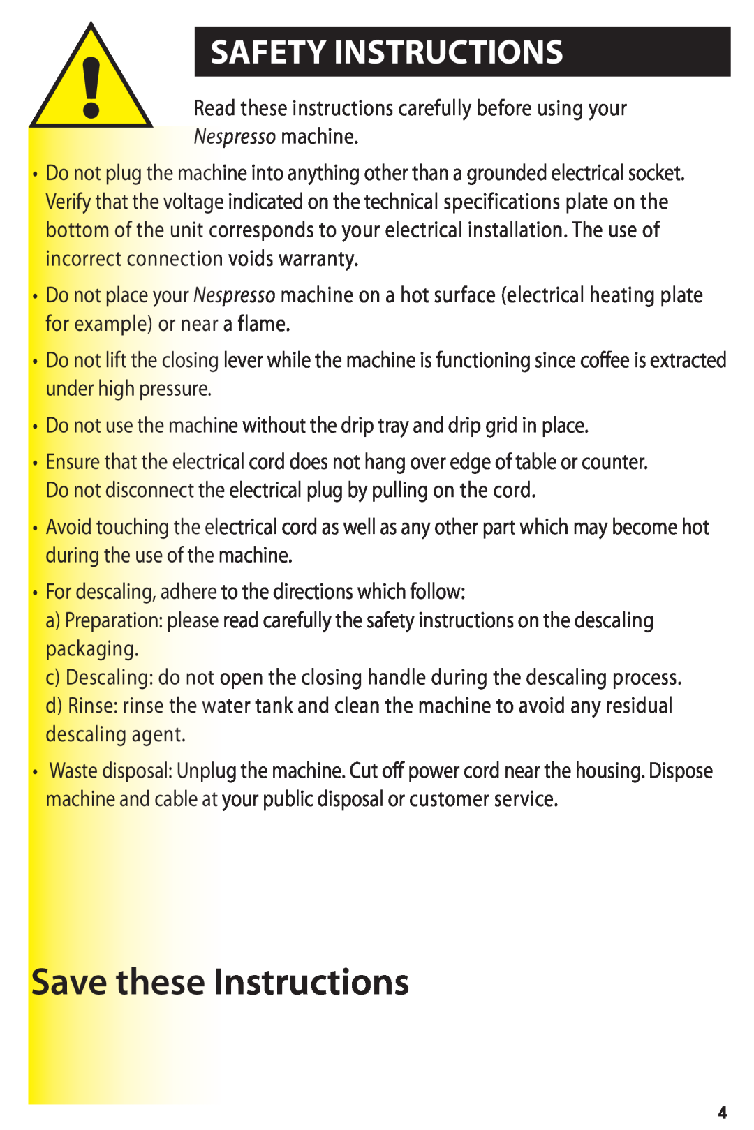 Nespresso C100 instruction manual Safety Instructions, Save these Instructions, Nespresso machine 