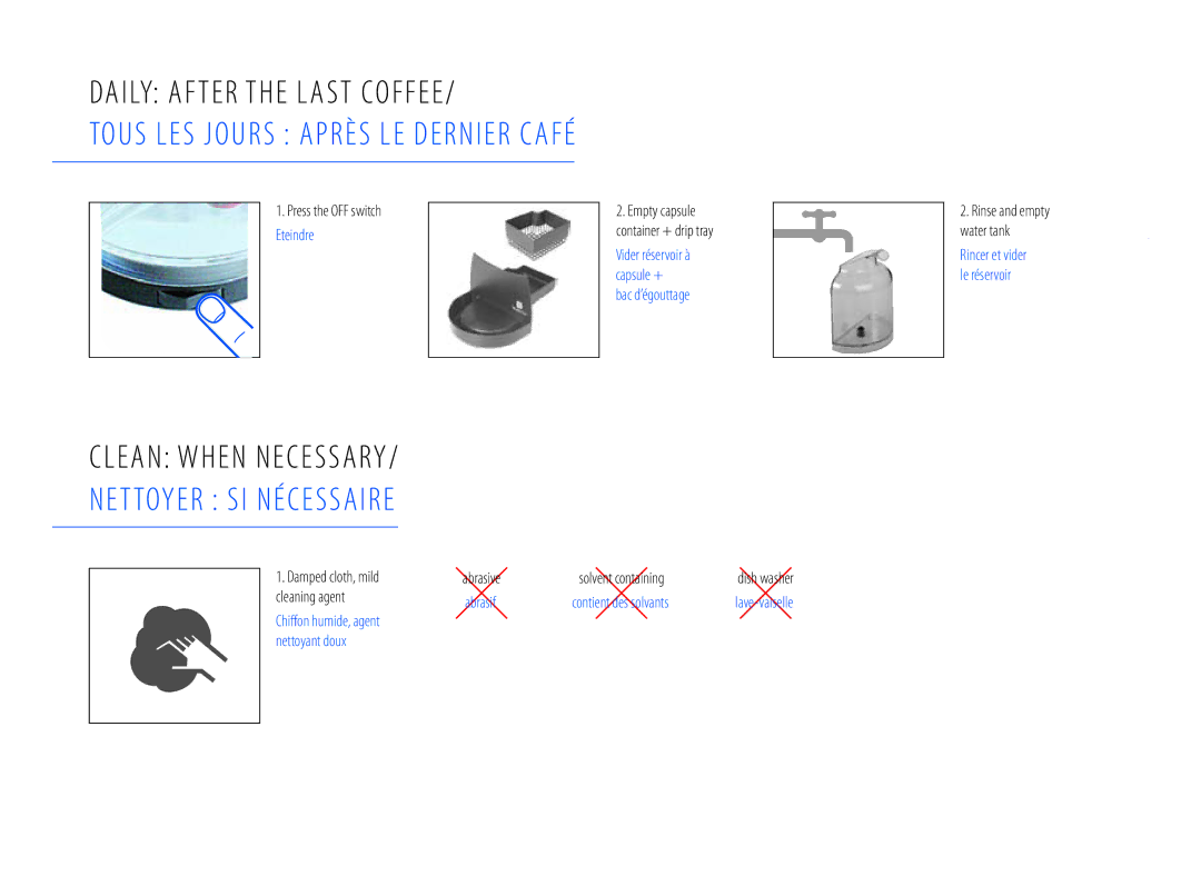 Nespresso C101USTINE1 manual DaILy aFteR tHe Last CoFFee, CLean WHen neCessaRy, Net toyeR sI néCessaIRe 