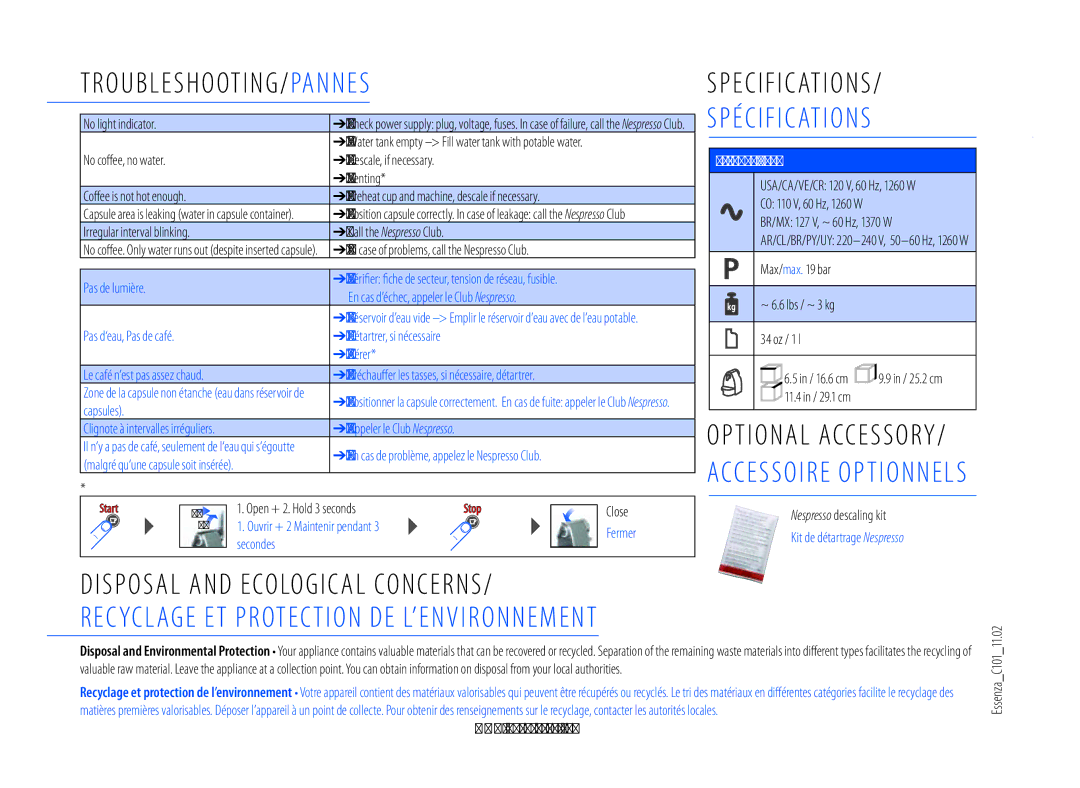Nespresso C101USTINE1 manual TRouBLesHootInG/ Pannes 