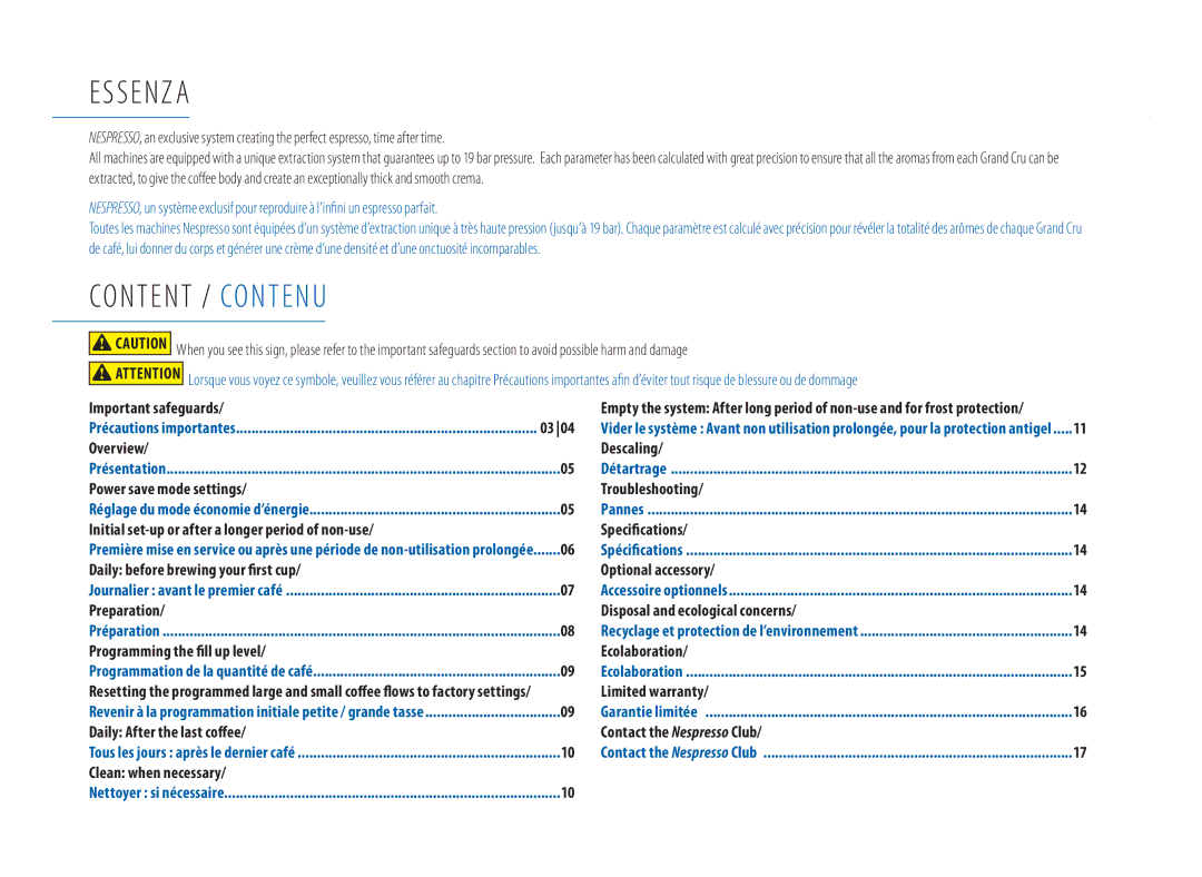 Nespresso C101USTINE1 manual Essenz a, Content / Contenu 