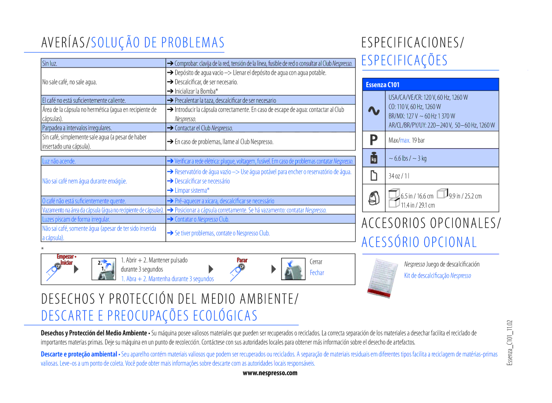 Nespresso C101USTINE1 manual AVERías/ sOLUÇÃO DE PROBLEMas, DEsCaRTE E PREOCUPaÇõEs ECOLóGICas, EsPECIFICaCIONEs 