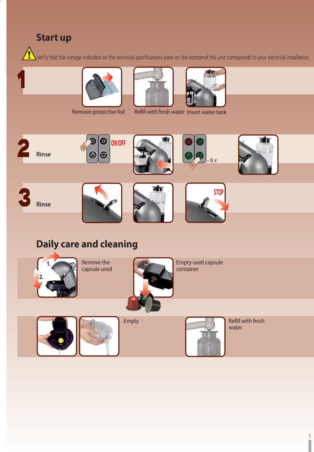 Nespresso C290 D290 instruction manual Start up, Daily care and cleaning 