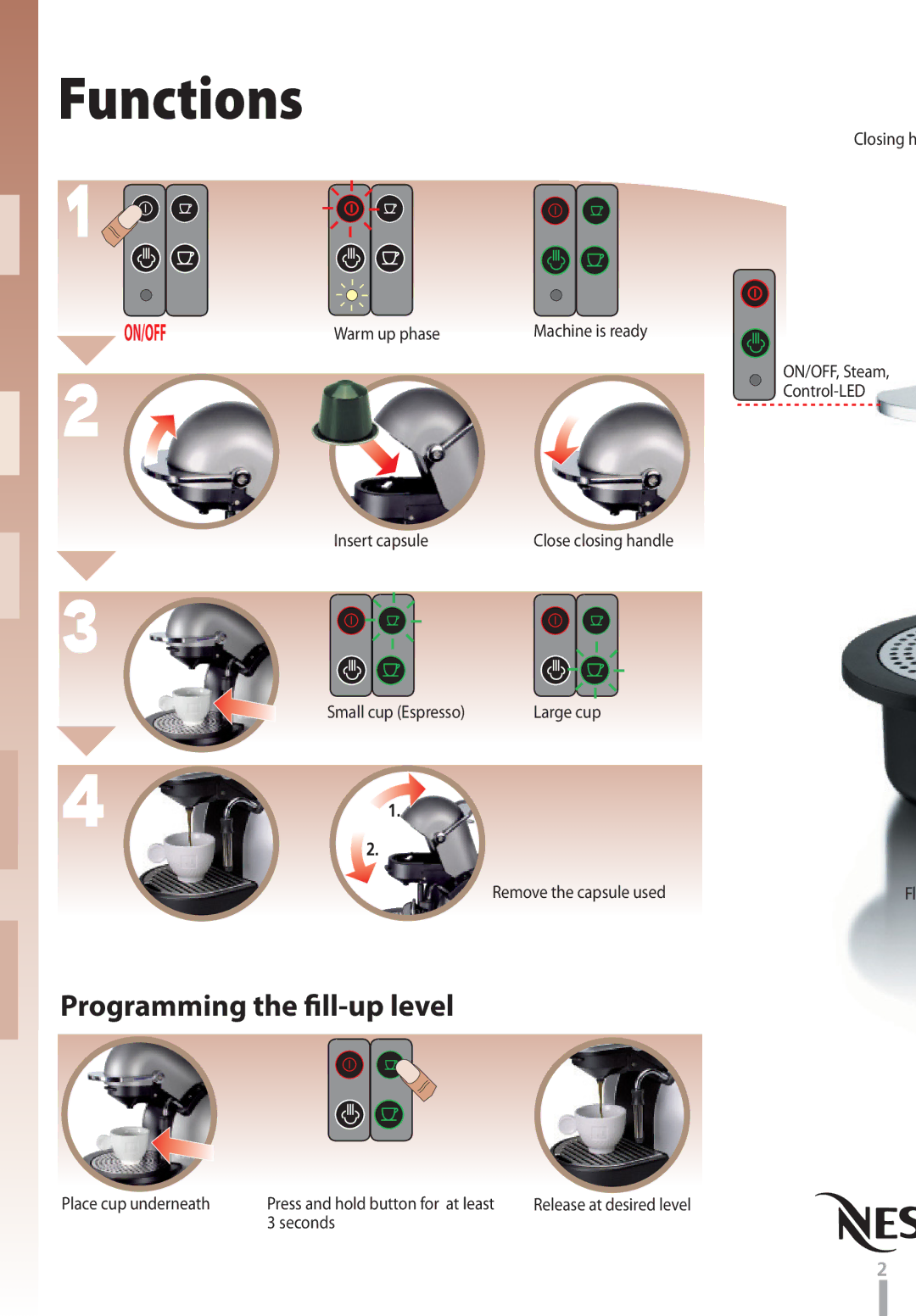 Nespresso C290 D290 instruction manual Functions, Programming the ﬁll-up level 