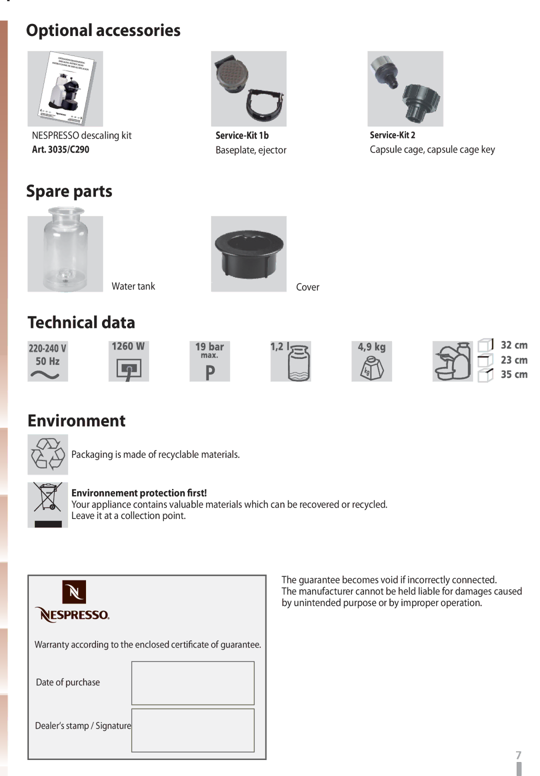 Nespresso C290 D290 instruction manual Optional accessories, Spare parts, Technical data Environment 