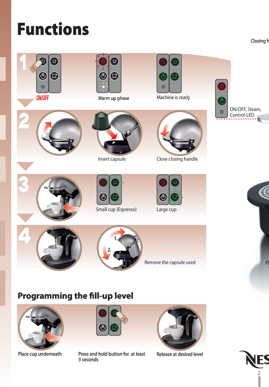 Nespresso C290 D290 instruction manual Programming the ﬁll-up level, Functions, On/Off, Press and hold button for at least 
