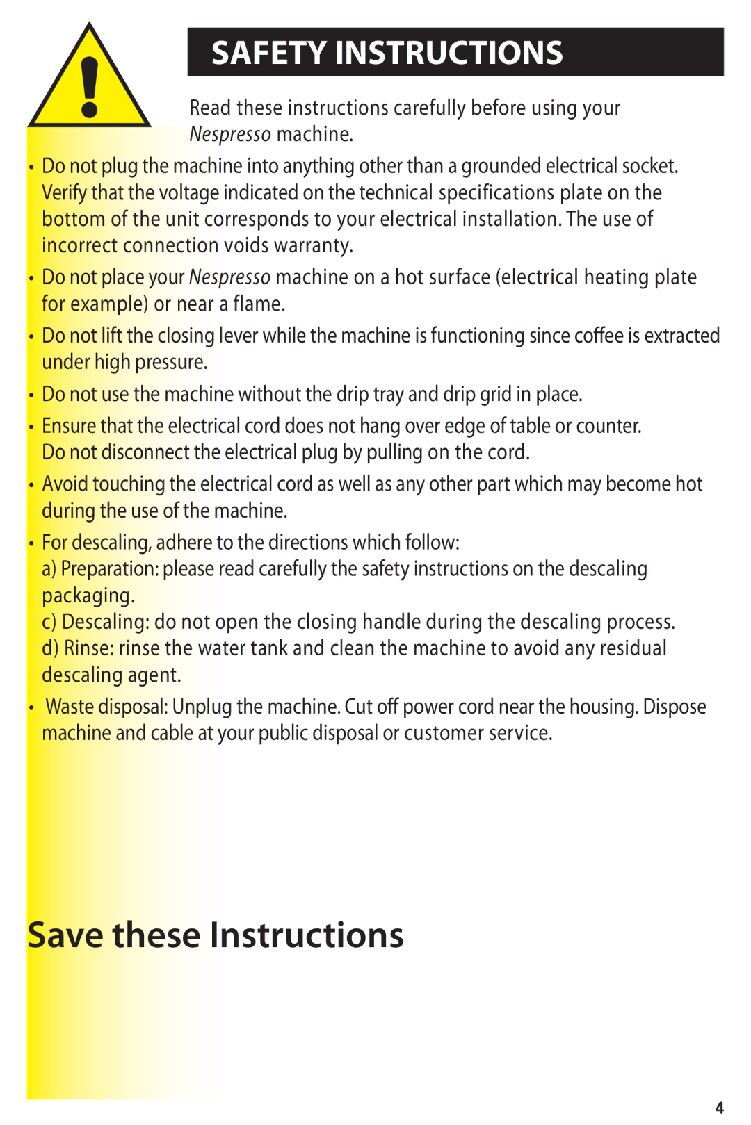 Nespresso C90 instruction manual Safety Instructions, Nespresso machine 