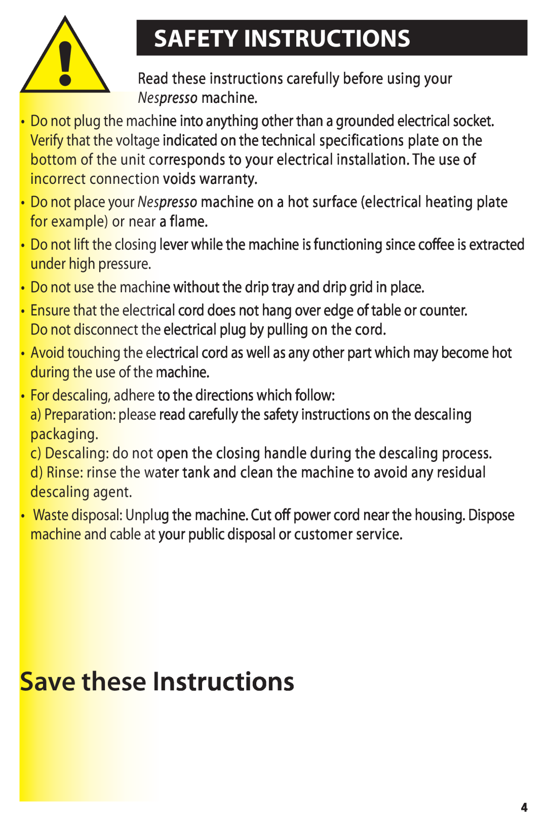 Nespresso C90 instruction manual Safety Instructions, Save these Instructions, Nespresso machine 