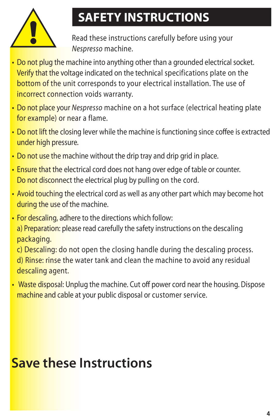 Nespresso D100 instruction manual Safety Instructions, Nespresso machine 