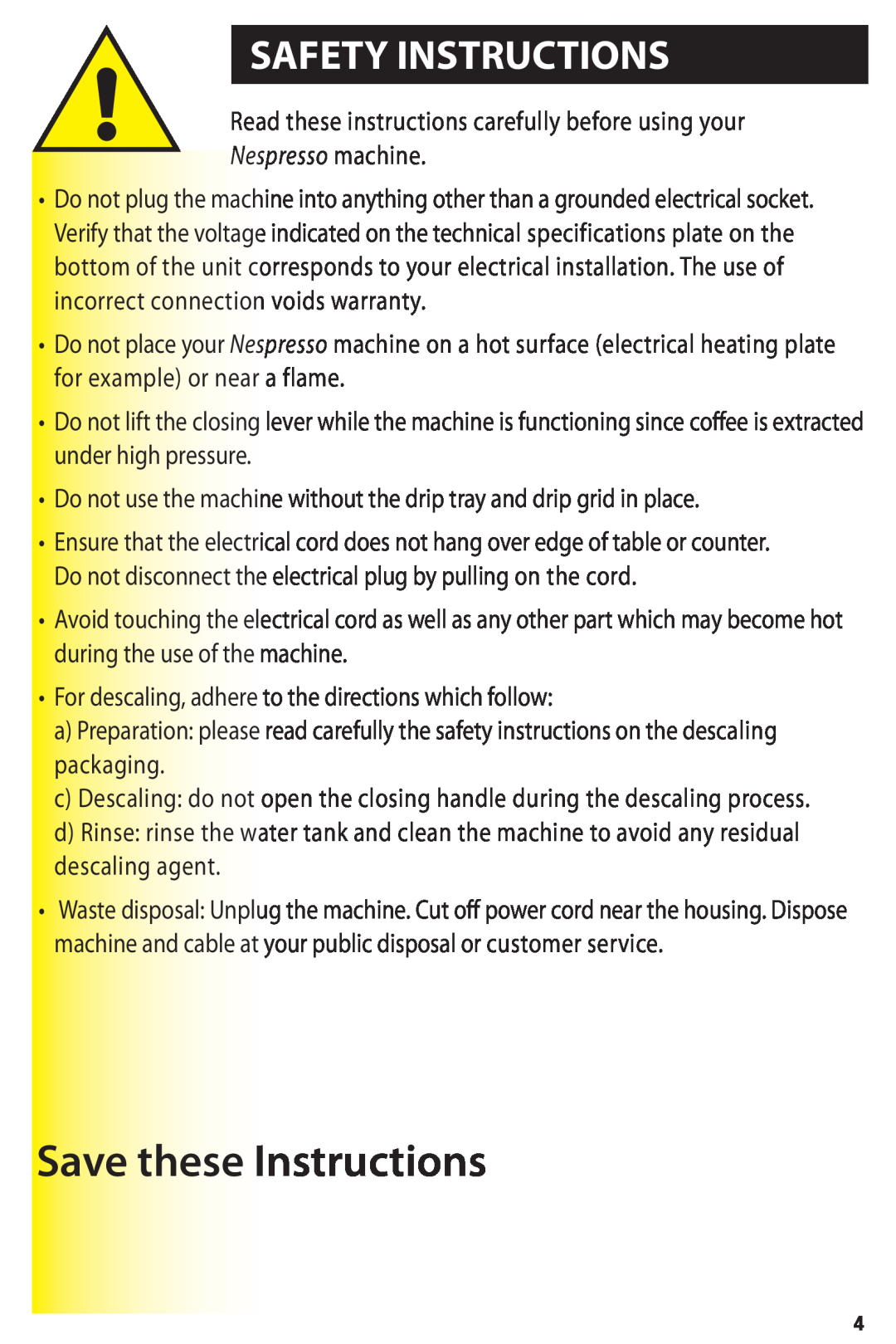 Nespresso D100 instruction manual Safety Instructions, Save these Instructions, Nespresso machine 