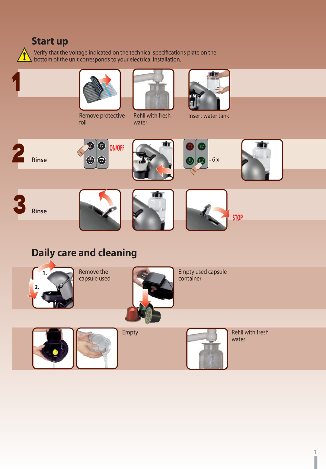 Nespresso D290 instruction manual Start up, Daily care and cleaning 