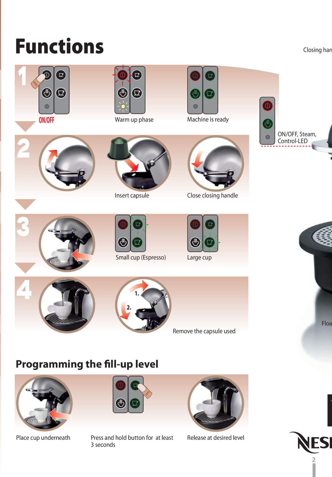 Nespresso D290 instruction manual Functions, Programming the ﬁll-up level 