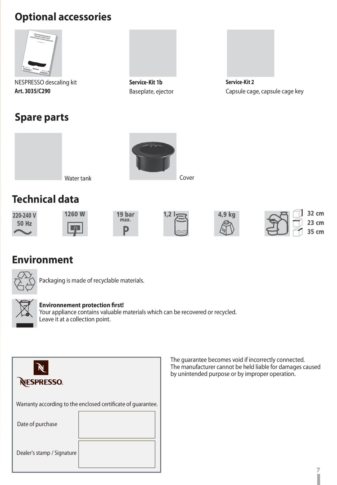 Nespresso D290 instruction manual Optional accessories, Spare parts, Technical data Environment 