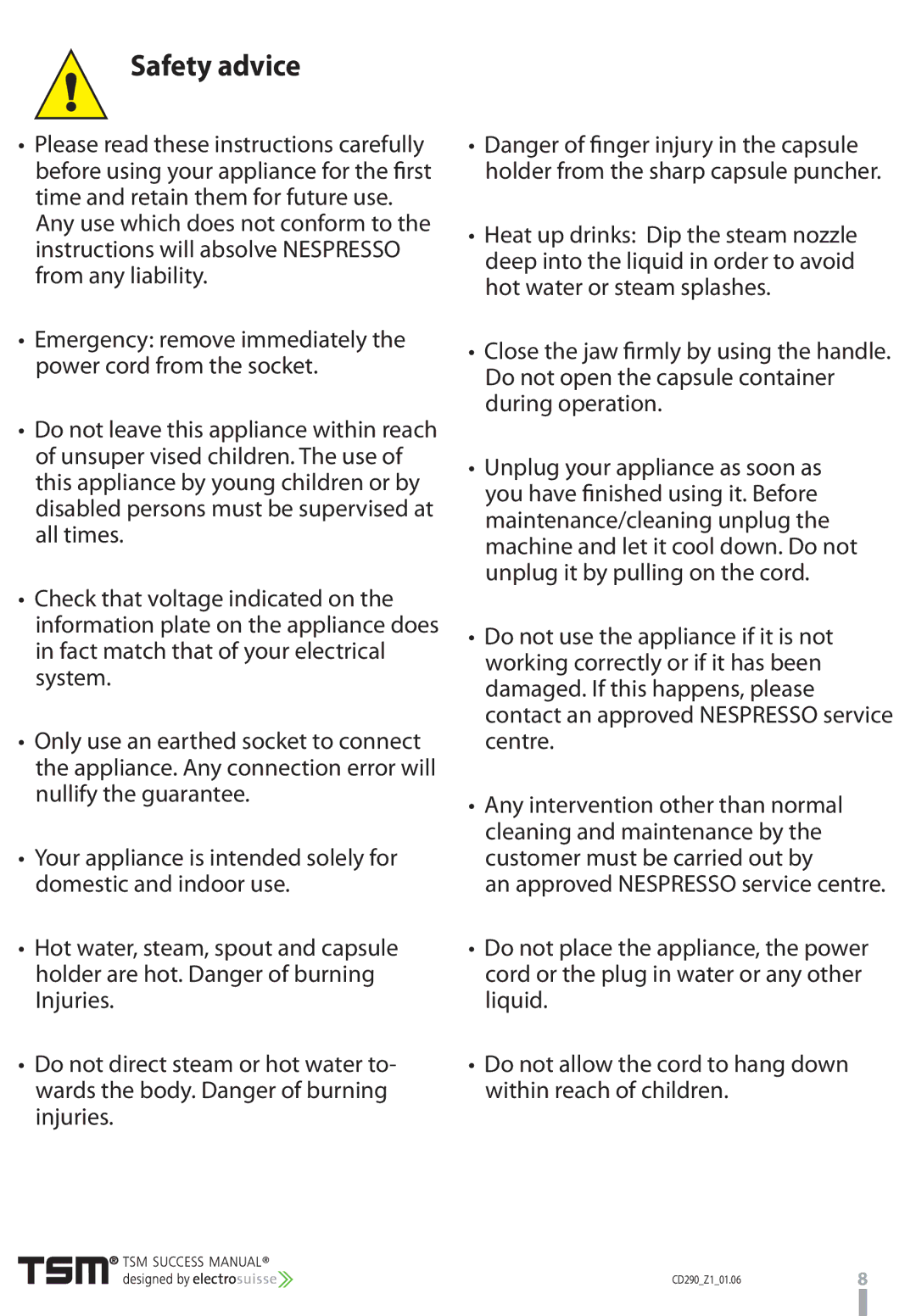 Nespresso D290 instruction manual Safety advice 