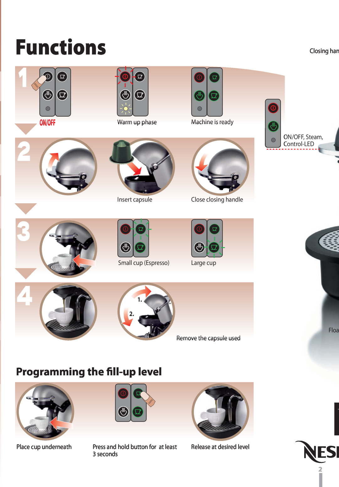 Nespresso D290 Programming the ﬁll-up level, Functions, On/Off, Press and hold button for at least, Machine is ready 