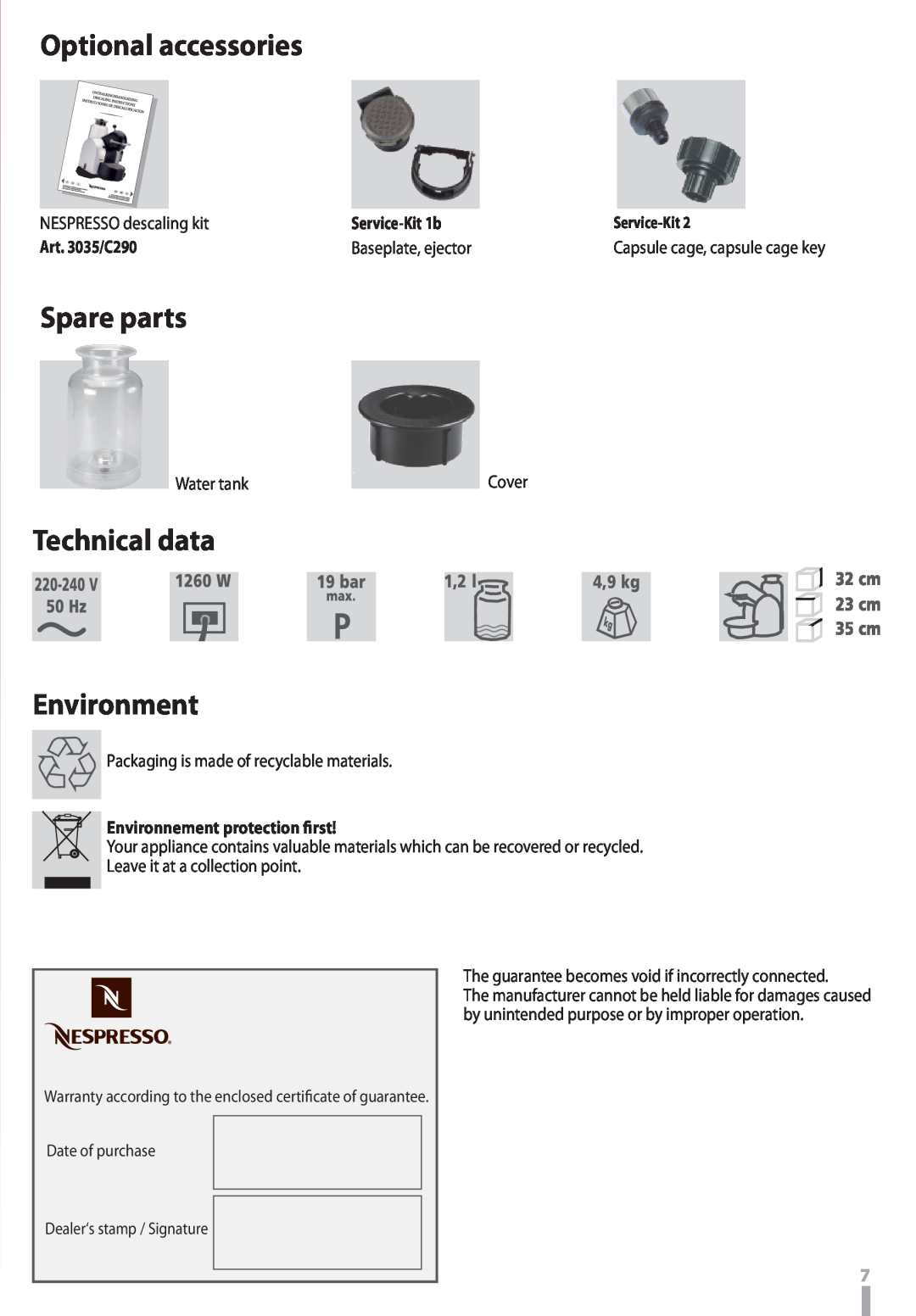 Nespresso D290 Optional accessories, Spare parts, Technical data Environment, NESPRESSO descaling kit, Service-Kit 1b 