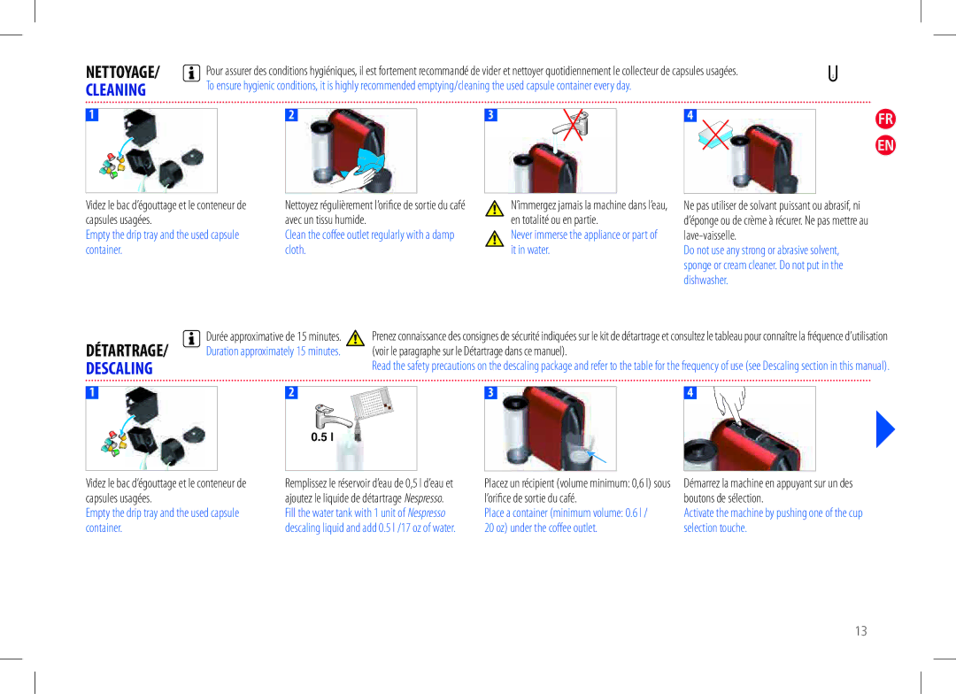 Nespresso M130, D50 manual Nettoyage, Cleaning, Clean the coffee outlet regularly with a damp cloth 