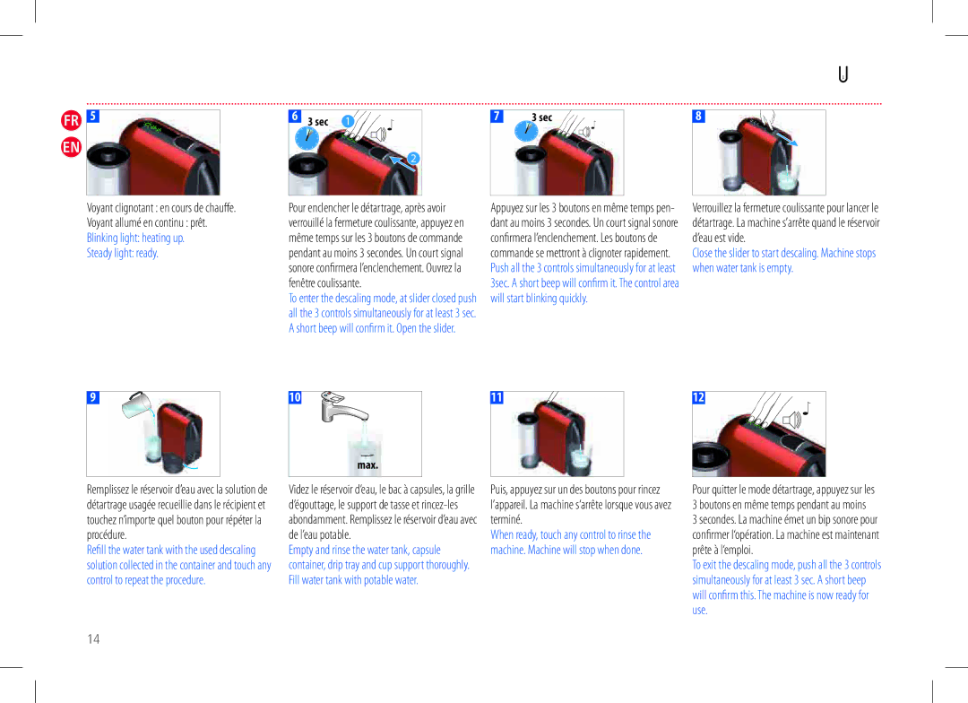 Nespresso D50, M130 manual Blinking light heating up, Steady light ready, Fenêtre coulissante, 16 3 sec, Max 