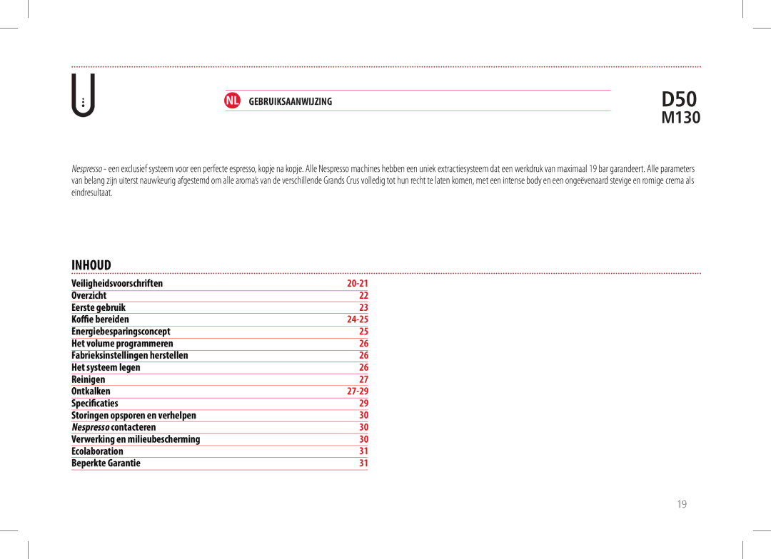 Nespresso M130, D50 manual Inhoud, 24-25 