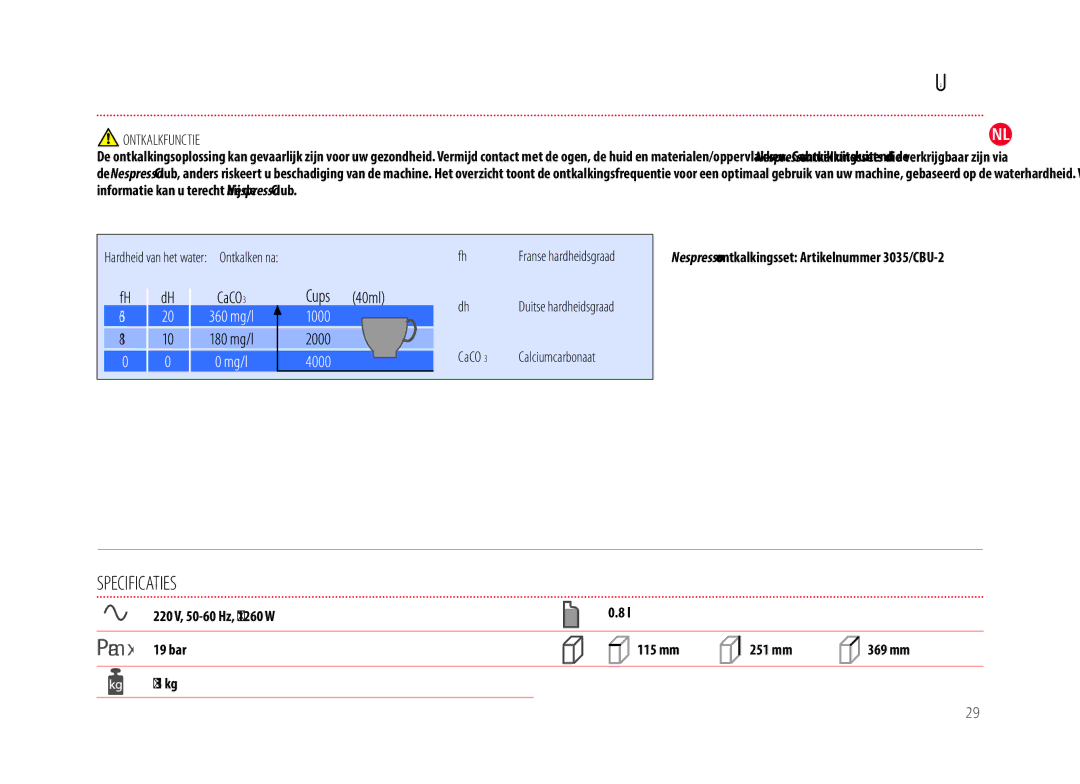 Nespresso M130, D50 manual Specificaties, Informatie kan u terecht bij de Nespresso Club 