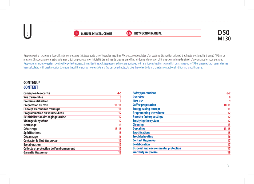 Nespresso M130, D50 manual Contenu, Content 