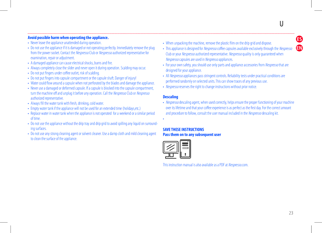 Nespresso D50USBKNE manual Avoid possible harm when operating the appliance, Descaling Pass them on to any subsequent user 