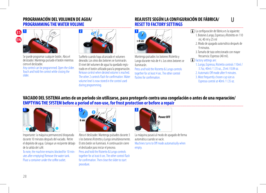 Nespresso D50USBKNE manual Factory settings are, Automatic Off mode after 9 minutes 