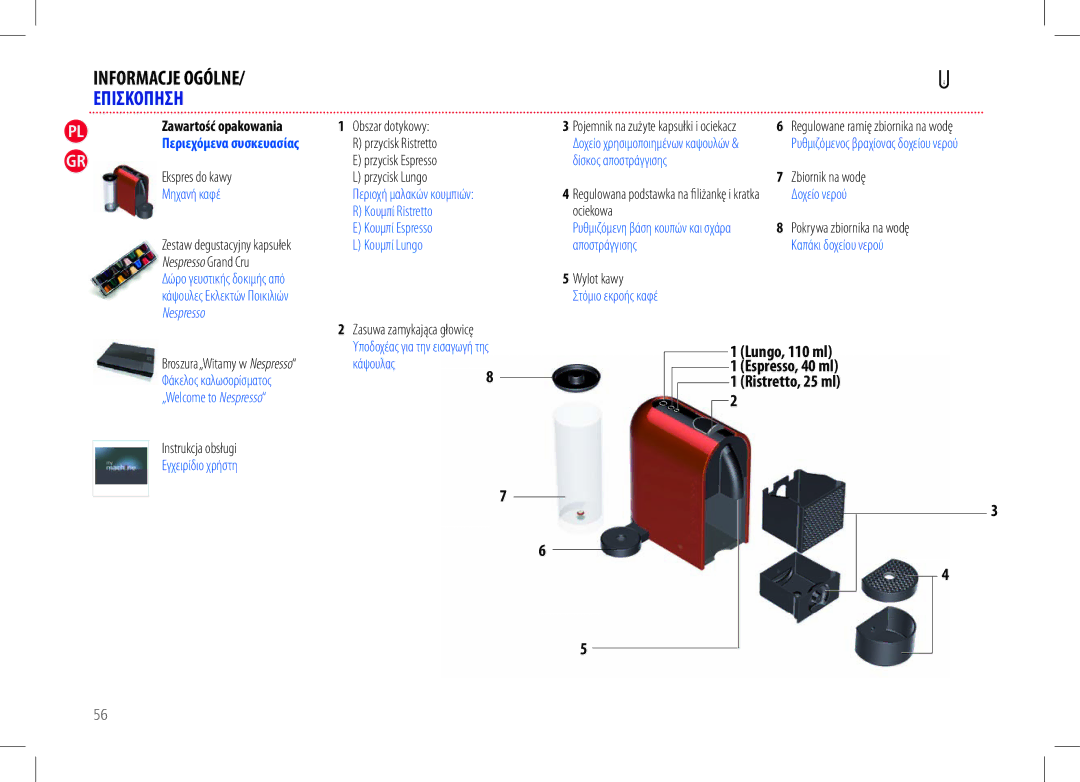 Nespresso D50USBKNE manual Obszar dotykowy, Przycisk Lungo, Κουμπί Lungo, Στόμιο εκροής καφέ, Κάψουλας 