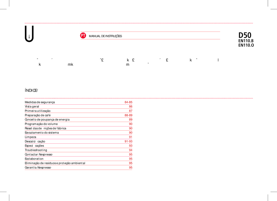 Nespresso D50USBKNE manual Índice, PT Manual DE Instruções, Medidas de segurança, Garantia Nespresso 