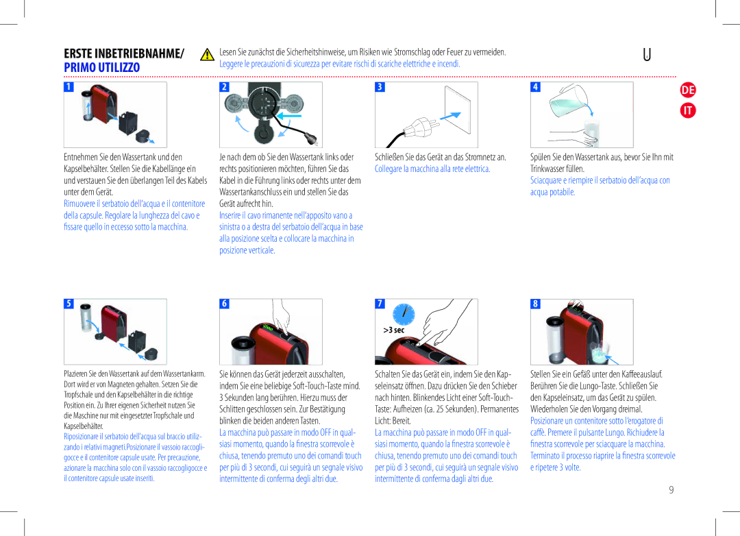 Nespresso D50USBKNE manual Erste INBETRIEBNAHME/ Primo Utilizzo, Sec 