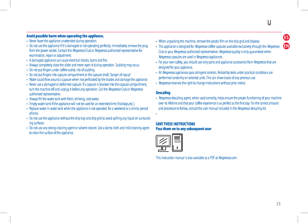 Nespresso D50USBKNE manual Es En, Avoid possible harm when operating the appliance, Descaling 