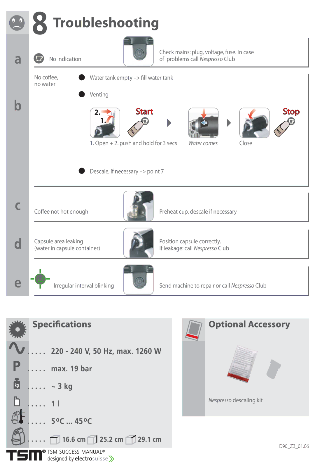 Nespresso D90 instruction manual Troubleshooting, Stop 