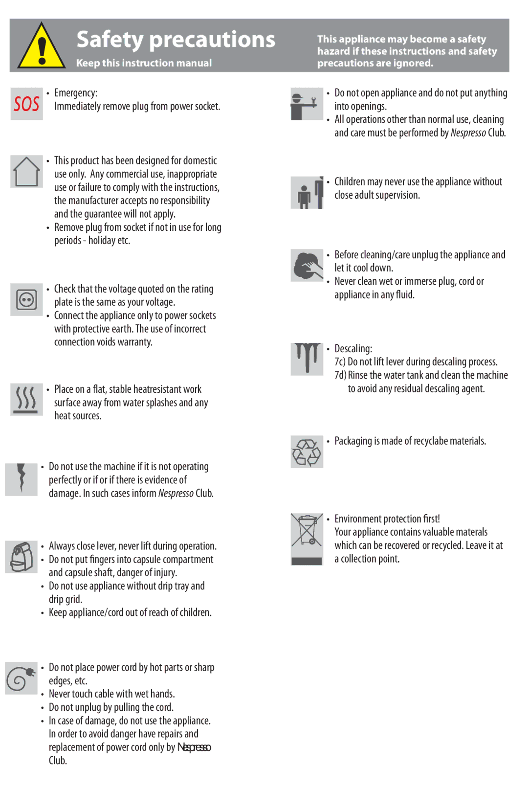 Nespresso D90 instruction manual Safety precautions, Descaling, Environment protection fi rst 