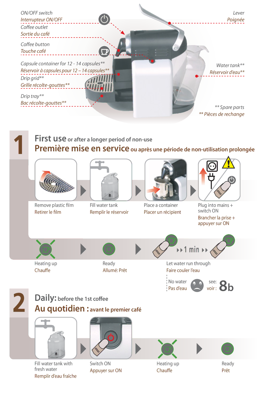 Nespresso D90 instruction manual Au quotidien avant le premier café, Touche café 