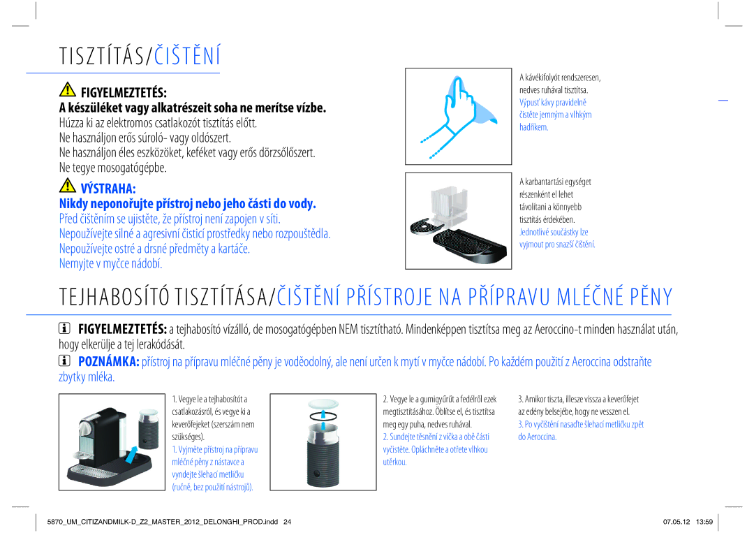 Nespresso Delonghi EN266 Tisztítás/Čištění, Készüléket vagy alkatrészeit soha ne merítse vízbe, Nemyjte v myčce nádobí 