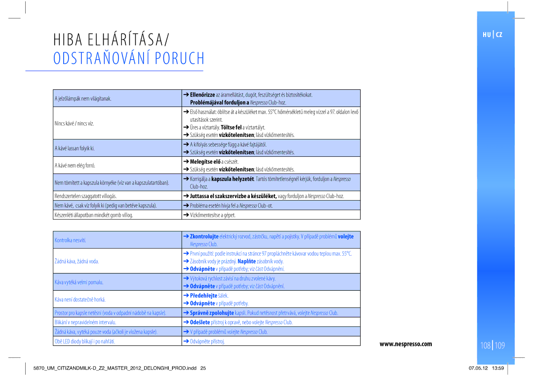 Nespresso Delonghi EN266 manual Hiba Elhárítása, Odstraňování Poruch 