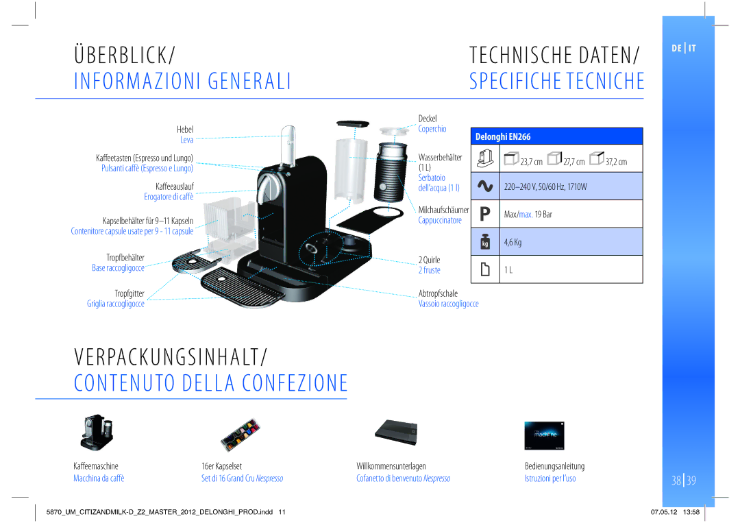 Nespresso Delonghi EN266 manual Informazioni Generali, Verpackungsinhalt, Contenuto Della Confezione 