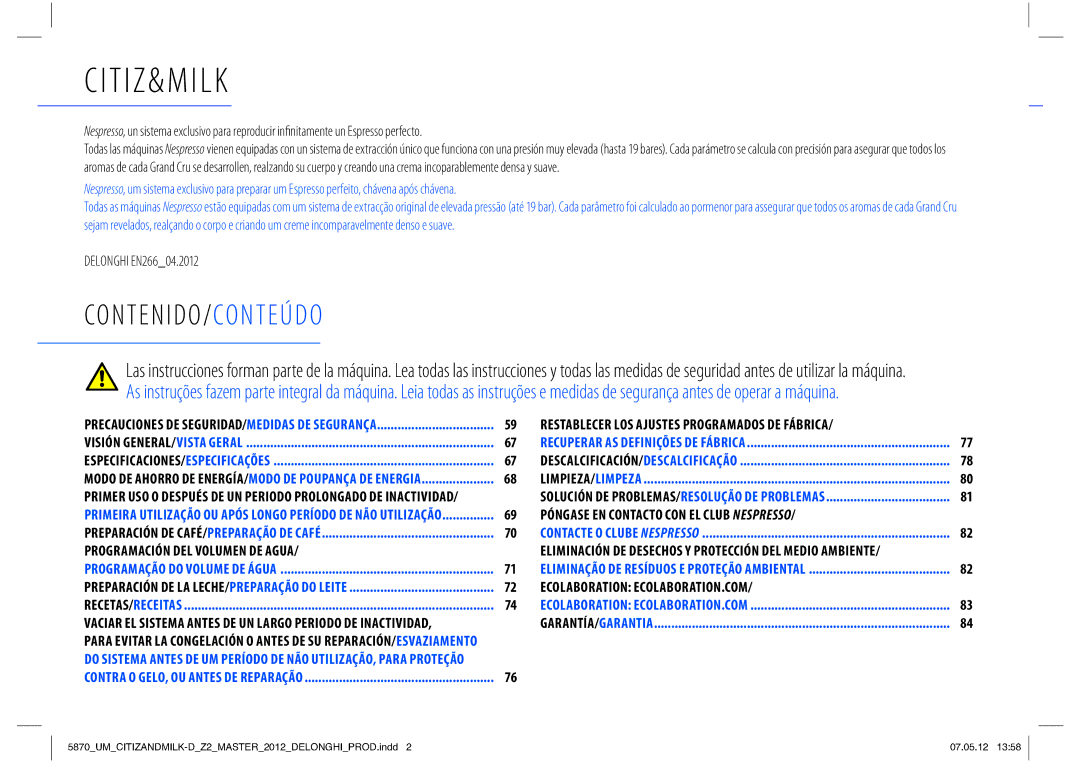 Nespresso Delonghi EN266 manual Co N T E N I D O/Conteúdo 