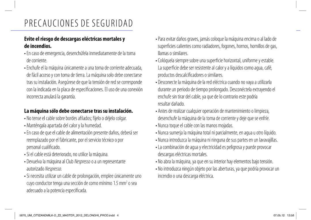 Nespresso Delonghi EN266 manual Precauciones DE Seguridad 