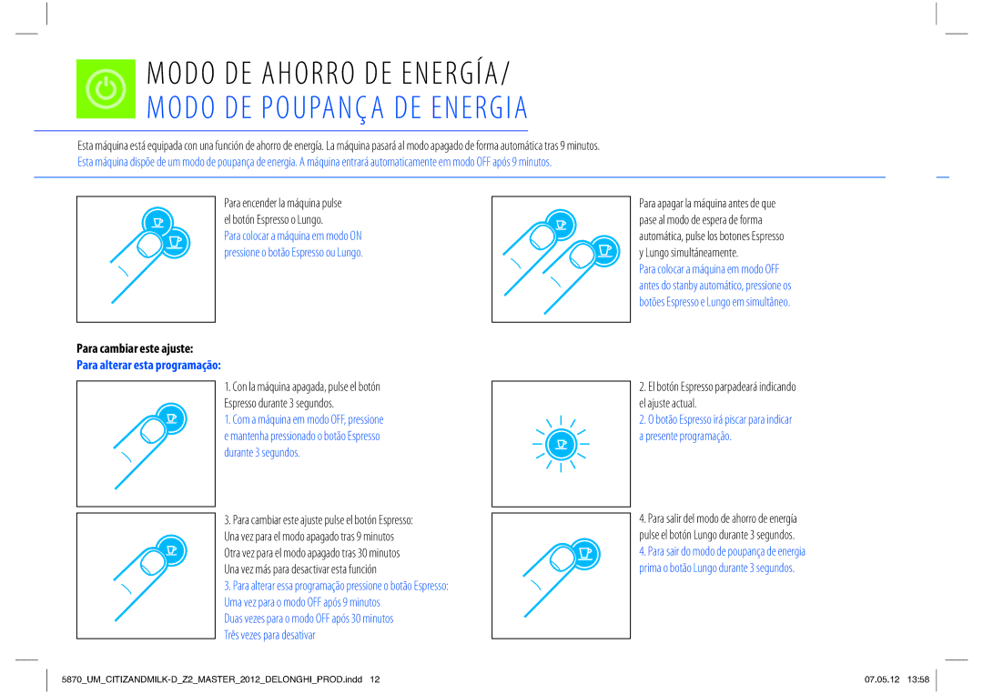 Nespresso Delonghi EN266 manual Modo DE Ahorro DE Energía, Modo DE Poupança DE Energia, Para cambiar este ajuste 