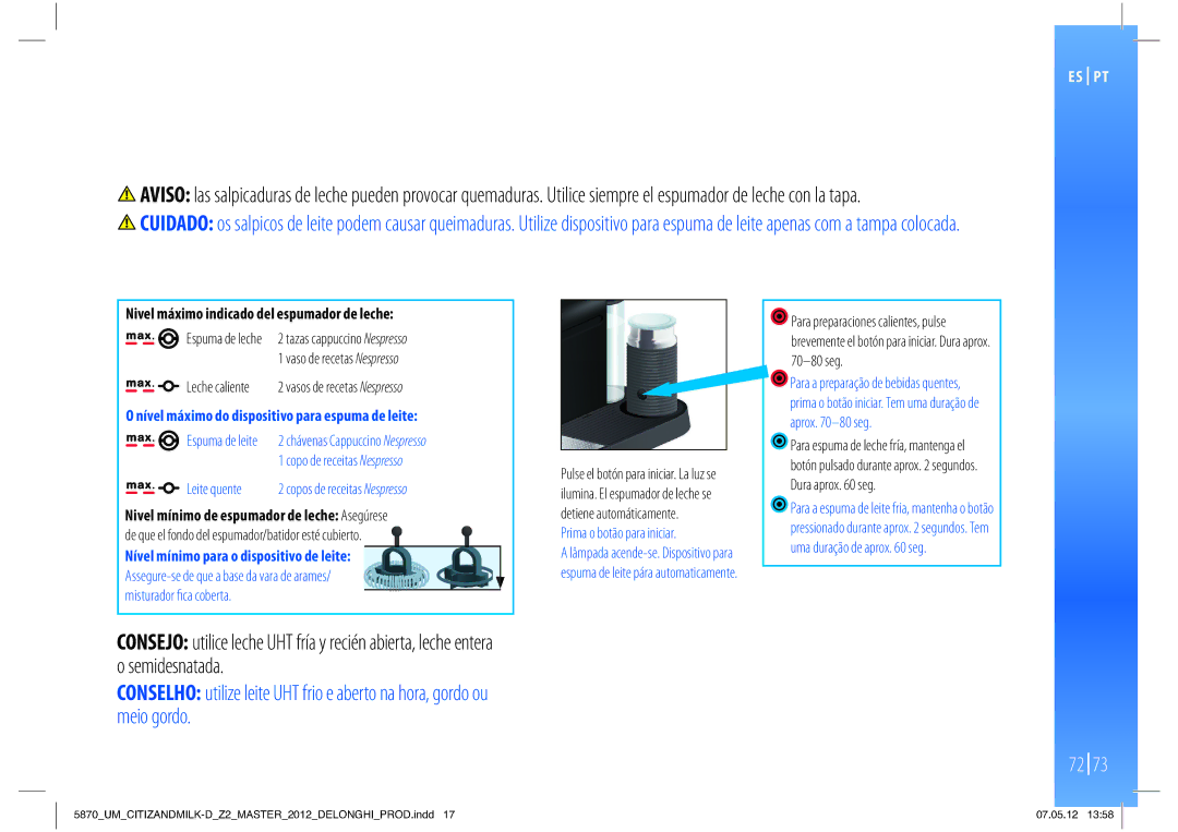 Nespresso Delonghi EN266 Nivel máximo indicado del espumador de leche, Nível máximo do dispositivo para espuma de leite 