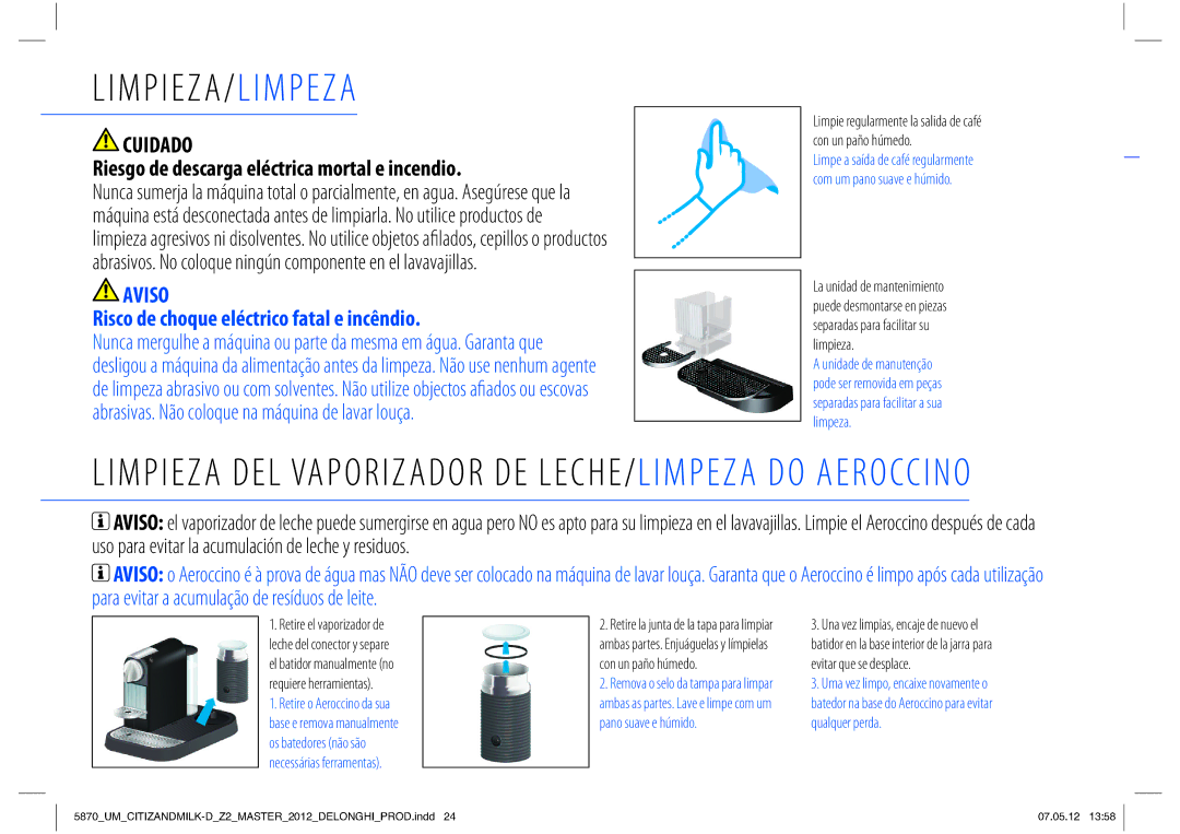 Nespresso Delonghi EN266 manual Limpieza/Limpeza, Riesgo de descarga eléctrica mortal e incendio, DpoVoQb×PIþnfep 